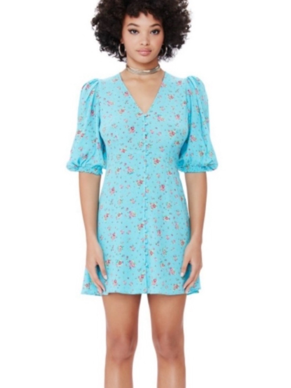 AFRM Blue Floral V-Neck Puff Sleeve Mini Dress